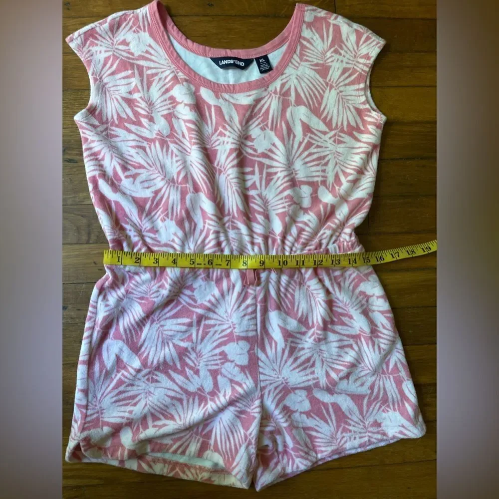 LANDS END Girls XL 14-16 pink and white terry cloth romper